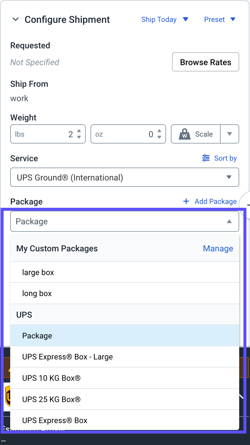 Configure Shipment Widget with a box highlighting the Package drop-down menu.