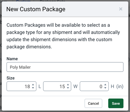 New Package popup. Has Name field & Dimensions dropdown menus. Save Changes button.