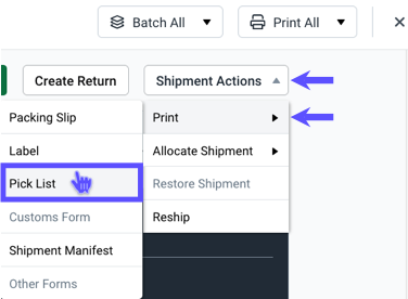 Shipment Detail Print menu with Pick List option highlight.