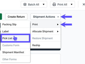Click shipment actions and select print > pick list.
