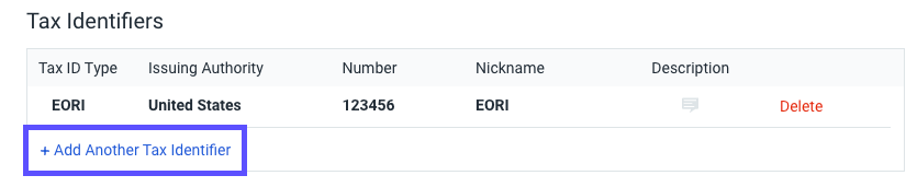 Tax Identifier list with one entry. The link Add Another Tax Identifier highlighted.