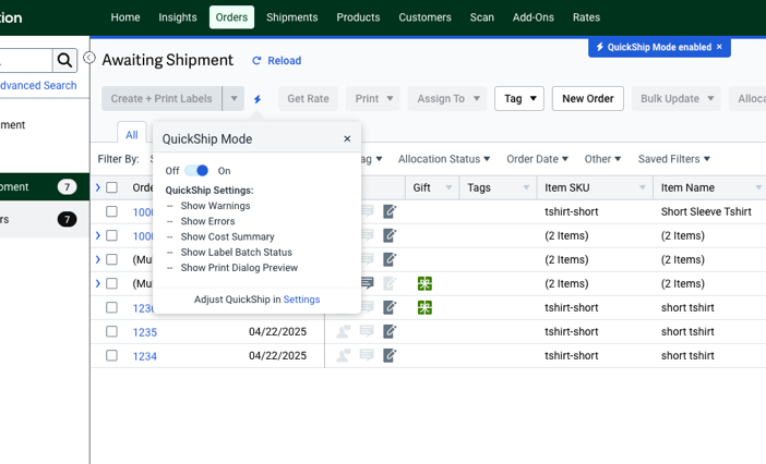 Orders screen with QuickShip Mode enabled and settings visible