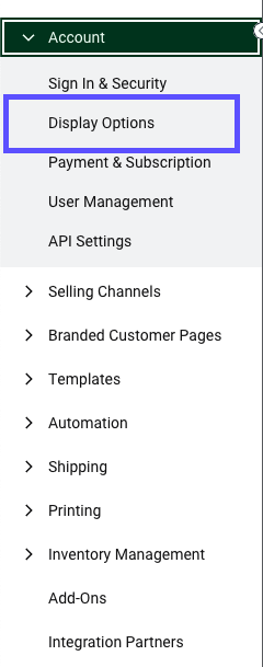 Settings Sidebar, Display Options outlined in the Account Settings section.