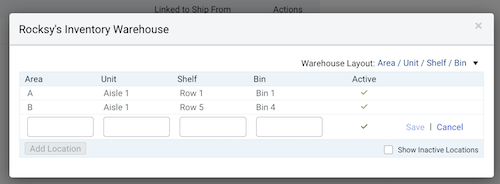 Inventory Warehouse Layout. Red arrows point to Add Location & Save/Cancel actions. Box highlights Location fields.