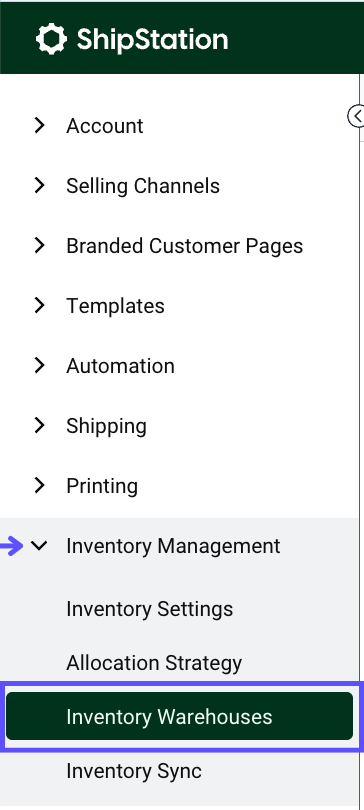 Settings Sidebar. Inventory Management dropdown: Red box highlights Inventory Warehouses option.