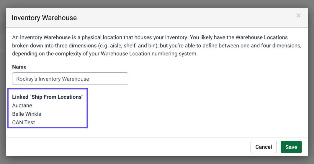 Inventory Warehouse popup. Red arrow points to Linked "ShipFrom Locations"