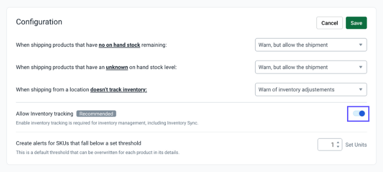 Arrow points to Enabled status for Product Inventory Tracking