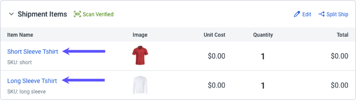 Order Items: red arrow points to the name of an item