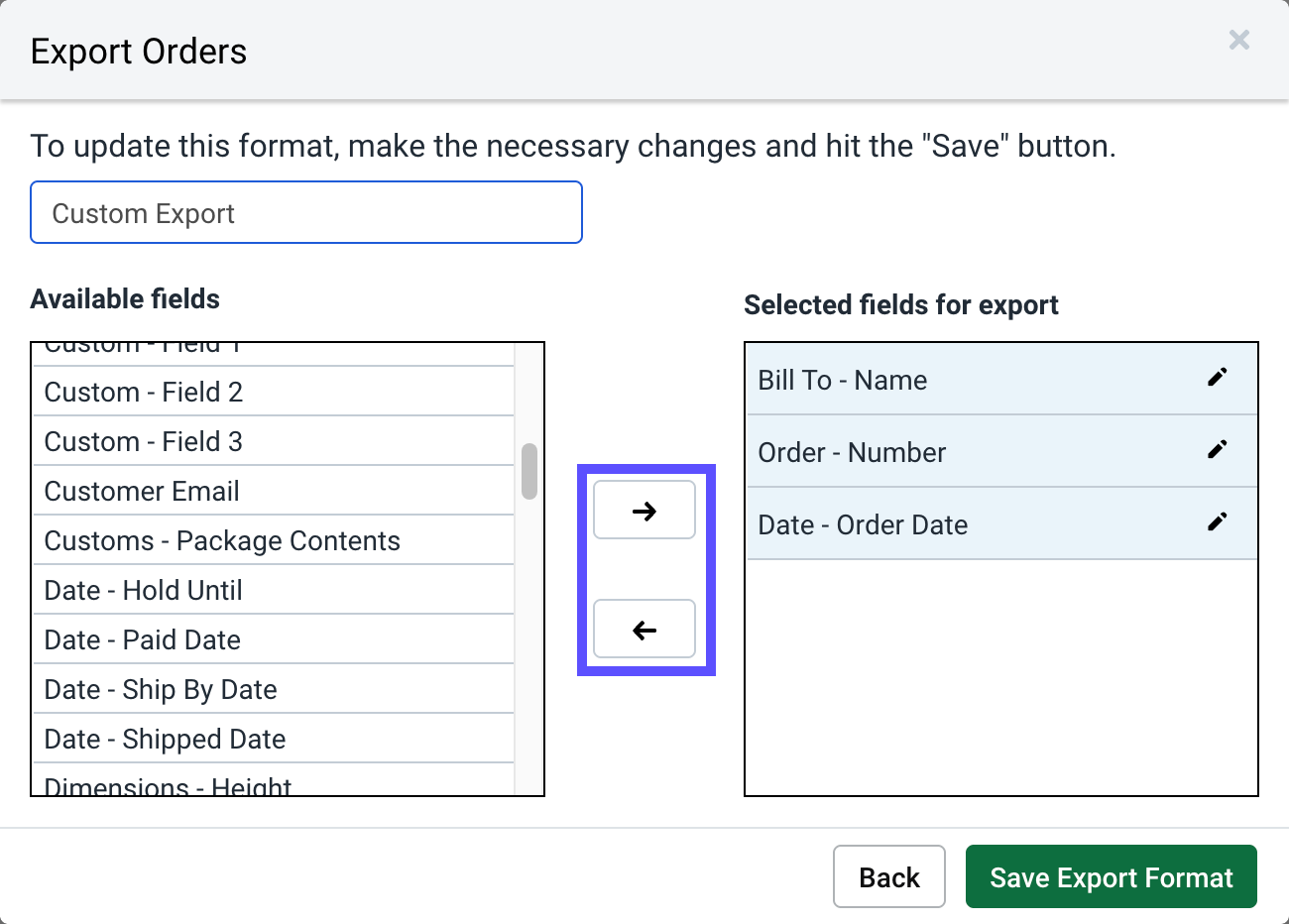 Box highlights left- and right-facing arrows to move selections between Available Fields & Fields to Export listings.