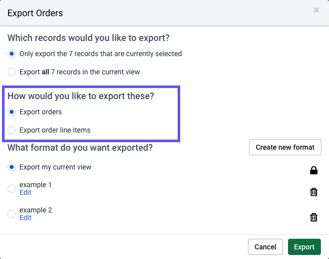 Export Order pop-up. Box highlights radio button options for: How would you like to export these?