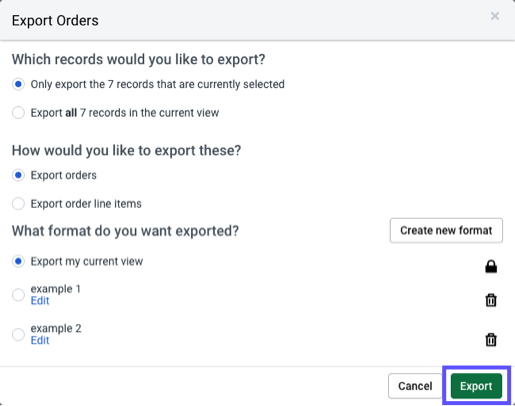 Export Orders pop-up. Box highlights Export action button.
