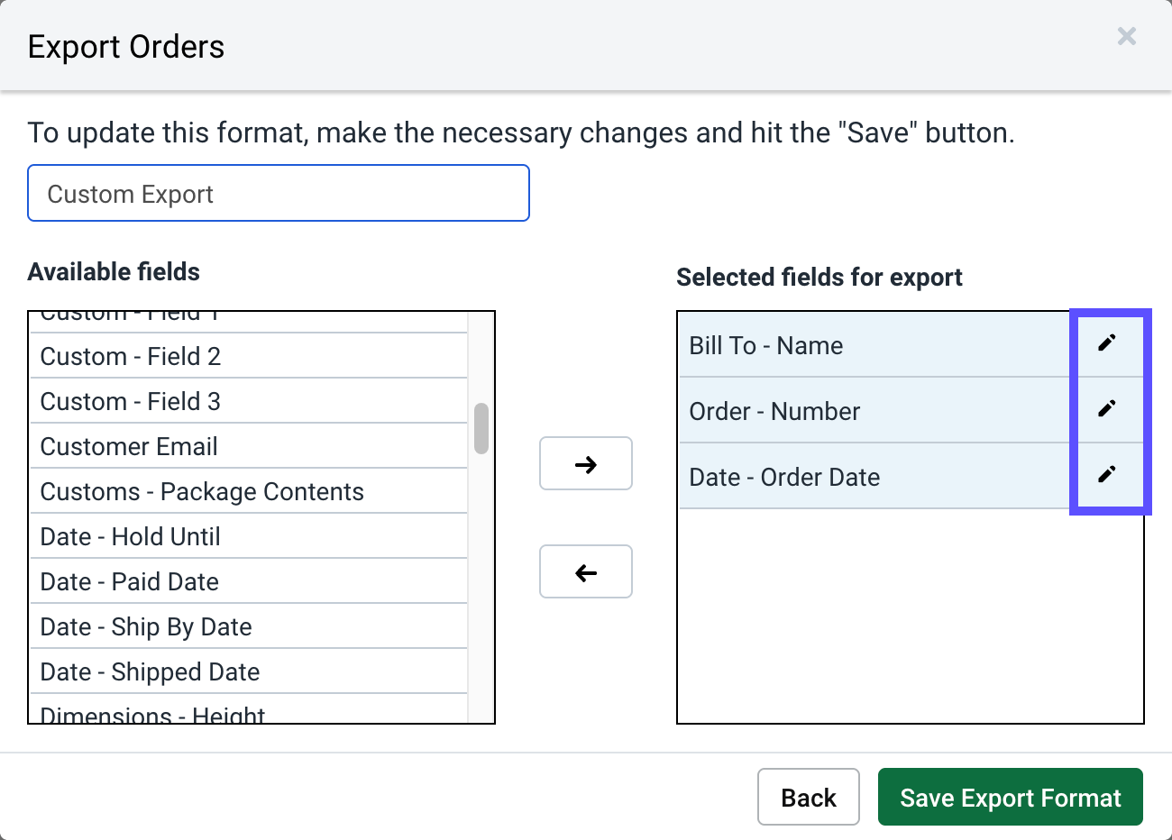 Export Orders popup. Box highlights Edit buttons beside selections in Fields to Export column.