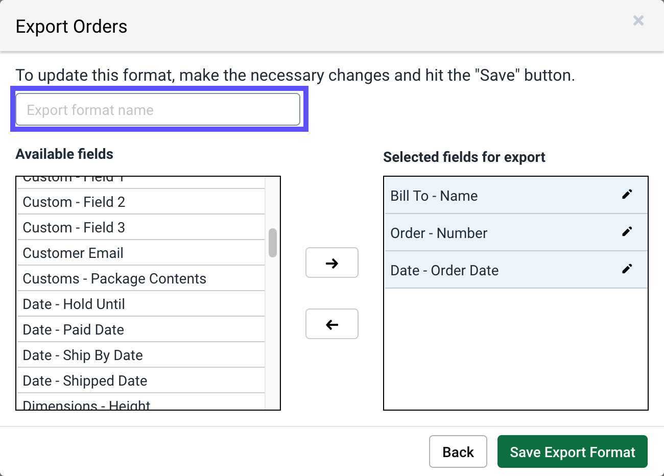 The Export Order popup shows Custom Export marked.