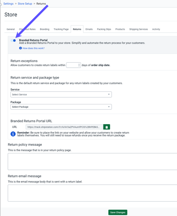Store Setup page: Returns tab. Red box shows Branded Returns Portal as being toggled On.