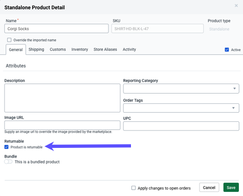 Product details General tab with arrow pointing to Returnable checkbox.