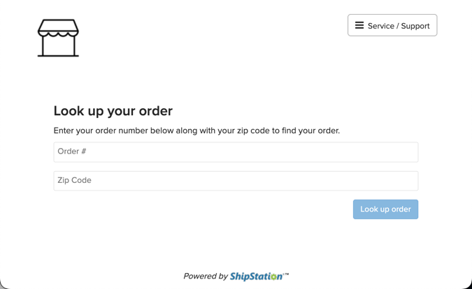 Branded Return Portal landing page. Displays a field for order number, field for Zip Code and a button to look up order.