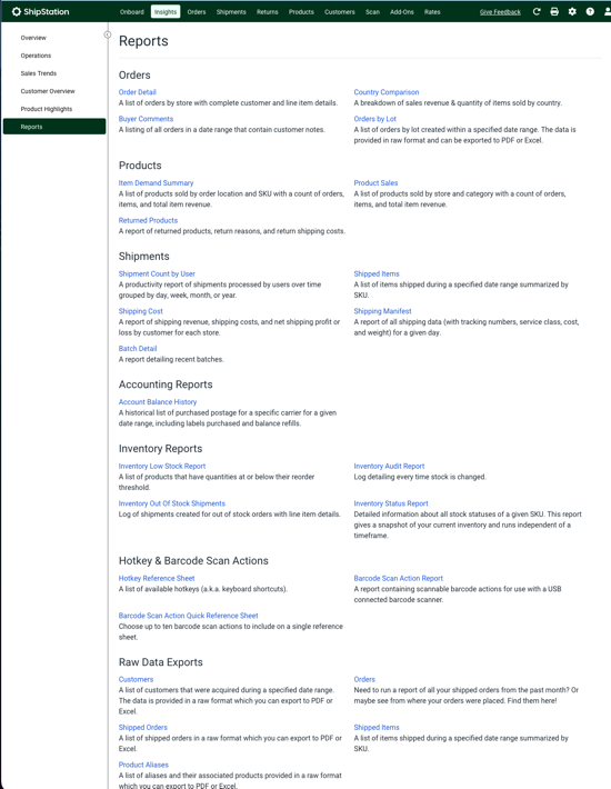 The Reports tab is selected in the sidebar and the reports page shows each section.