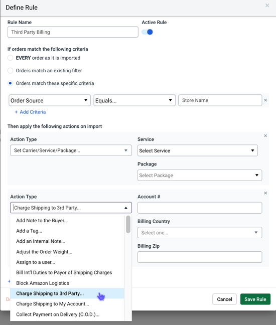 Highlighted the added action to Charge Shipping to 3rd Party.