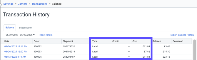 Settings>Carriers>View Transaction History> Balance tab with carrier adjustments highlighted