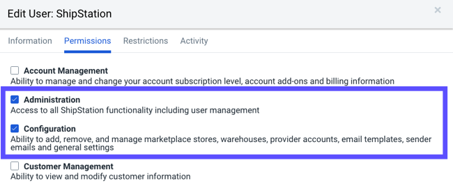 Administration and Configuration permissions checked in the Edit User window.
