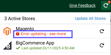 Error updating warning highlighted in Update Stores menu on Order grid