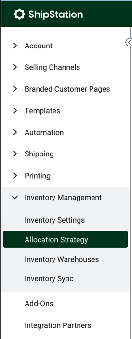 Settings Sidebar. Inventory Management dropdown: Red box highlights Allocation Strategy option.