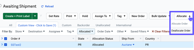 Box highlights checkmarks of selected orders. 2nd box highlights Allocate button in Action bar. Arrow points to Deallocate option