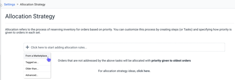 Allocation Strategy popup. Arrow to button: Prioritize Inventory for. Boxed options: Orders from Marketplace, tagged as, older than, advanced