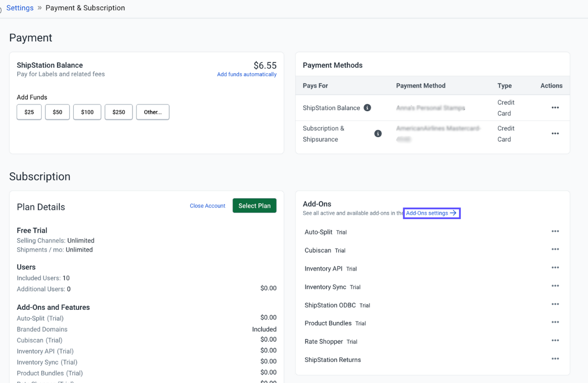 the add-ons link is highlighted in the subscription plan section.
