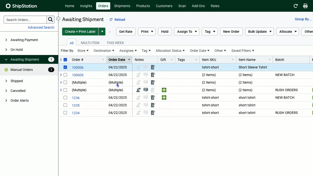 ShipStation orders grid - selects destination filter and chooses International. Saves the filter as a custom view
