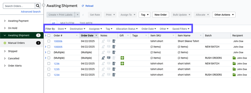 ShipStation V3 Orders tab with filter bar highlighted