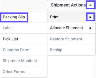 Select shipment actions > print > packing slip on the order details screen.