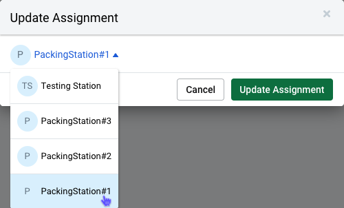 Batches: Update Assignment popup. Select User dropdown with Warehouse Two option selected. Update Assignment button at right.