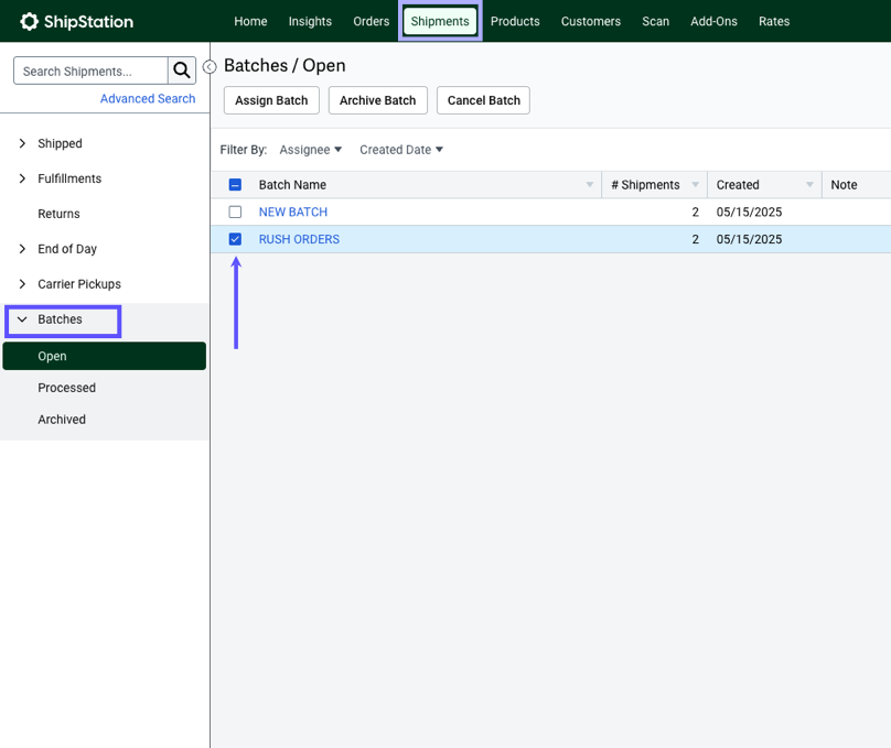V3 Shipping tab: Boxes highlight Batches in sidebar & Shipments in Toolbar. Red arrow points at batch selection checkbox.