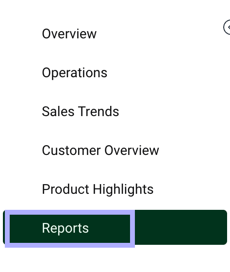 Sidebar menu with Reports option highlighted.