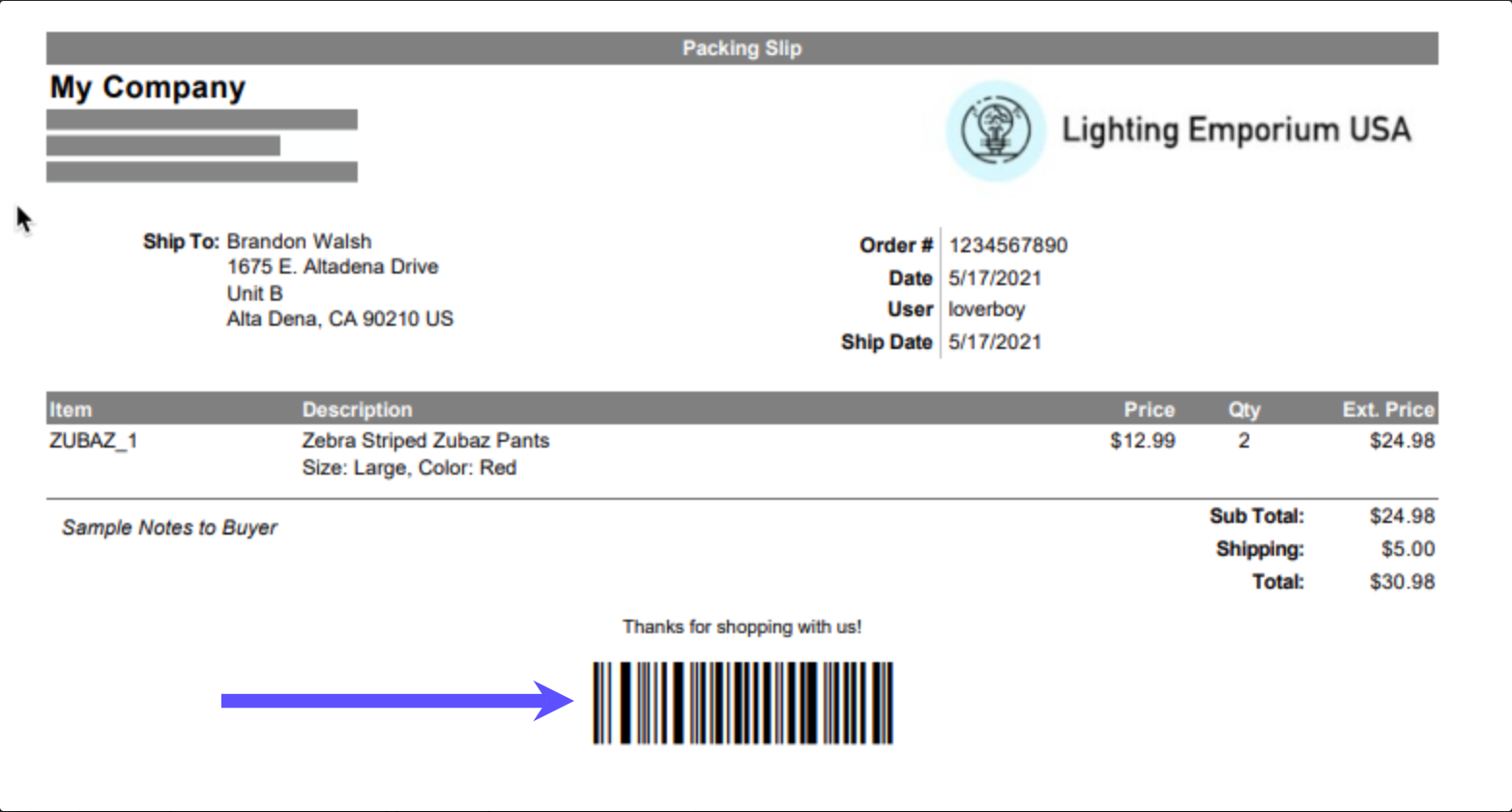 Example document using the ShipStation default packing slip template with Scan to View barcode. Red arrow points to barcode.