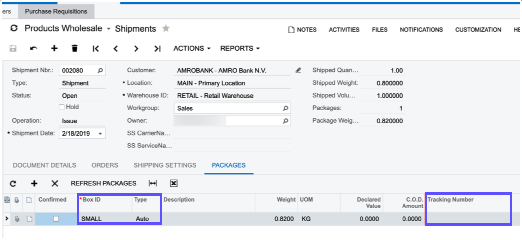Acumatica Shipments screen with Box ID, Type, and Tracking Number fields highlighted in packages view.