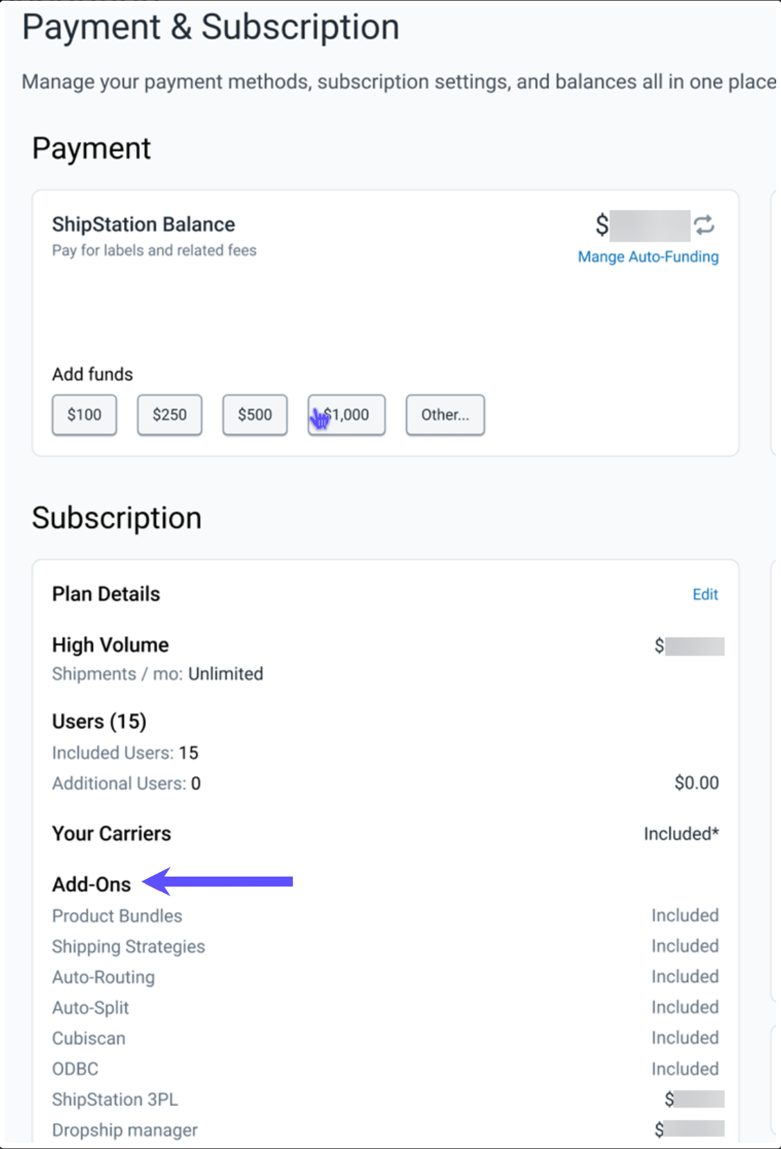 Payments & Description. Arrow points to Add-Ons.