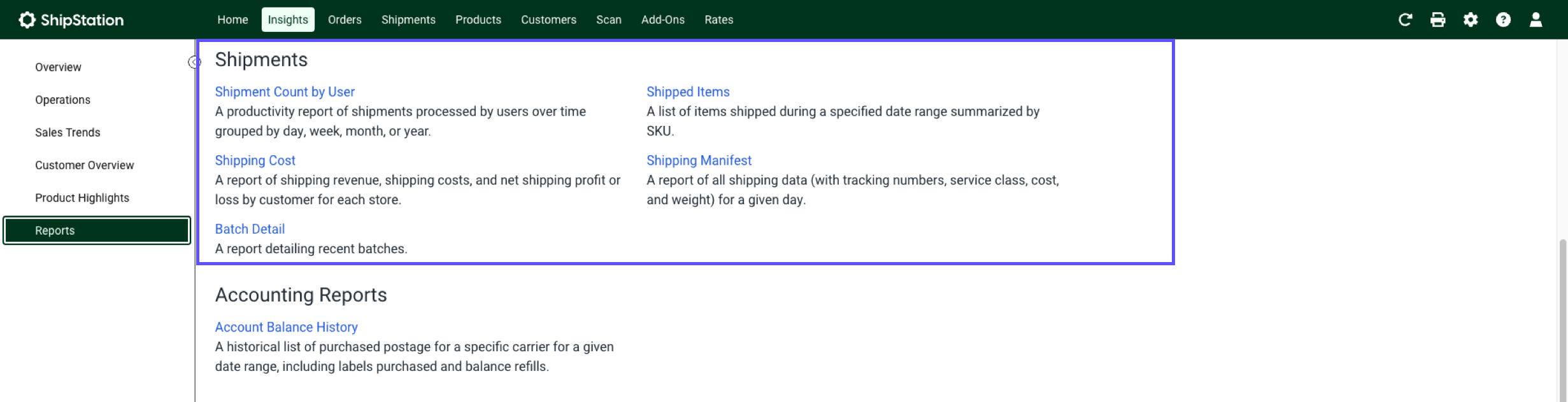 The Shipments reports section is marked.