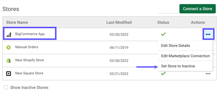 Actions menu open to edit BigCommerce App connection, with Set Store to Inactive option selected.