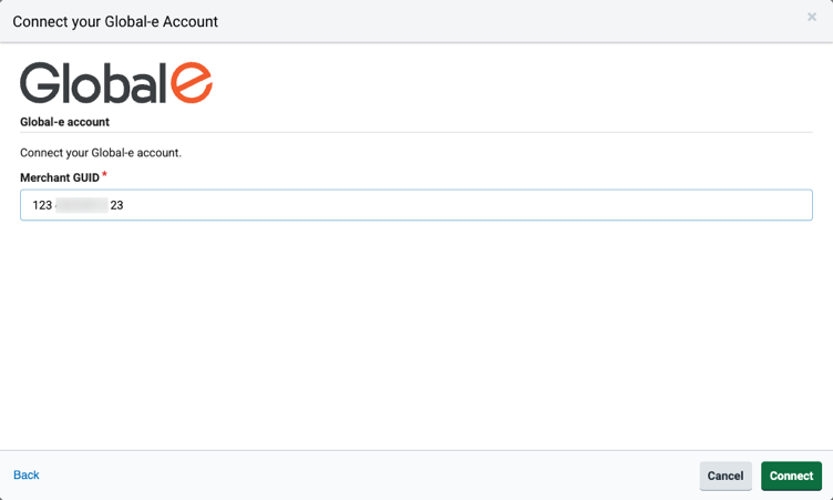 Connect your Global-e Account popup. Boxes highlight 24-character Merchant GUID / Gooey-ID field & Connect button.