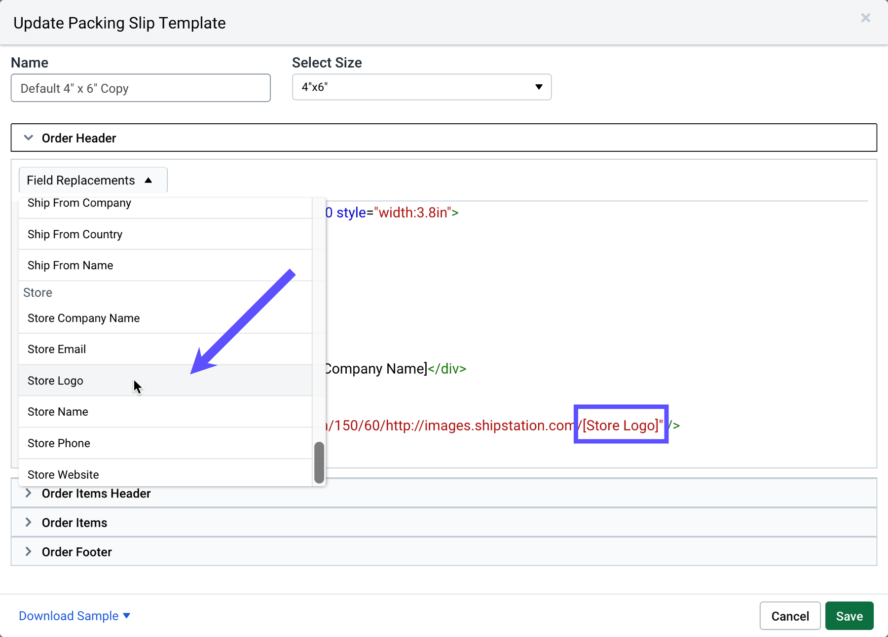 Packing slip template editor with the Store Logo field replacement highlighted in the HTML code and field replacement menu