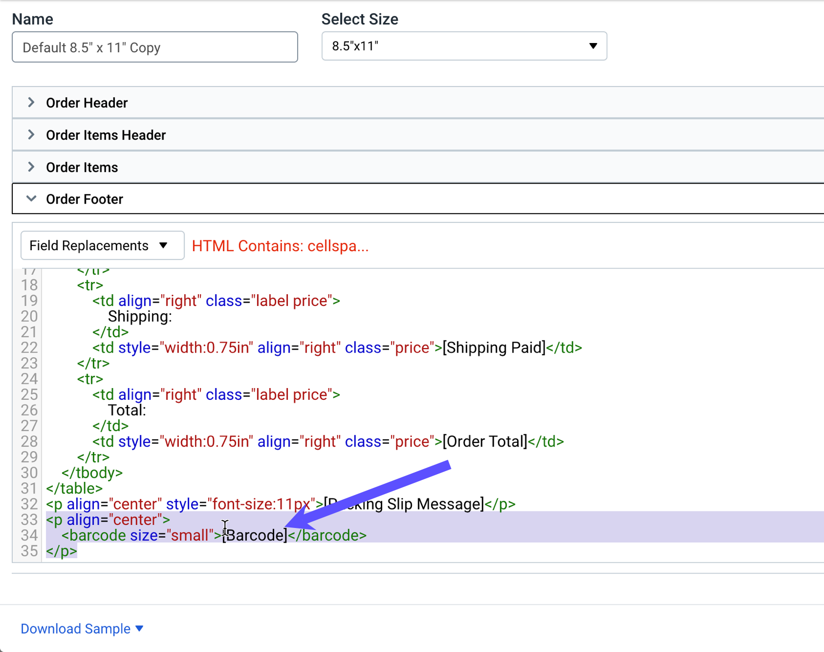 Barcode HTML highlighted in Order Footer section of template