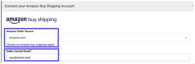 Amazon Order Source and Seller Central Email fields highlighted in ShipStation connection window.