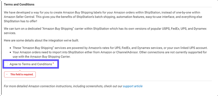 Amazon Buy Shipping Terms and Conditions open in ShipStation connection window, with checkbox to agree highlighted.