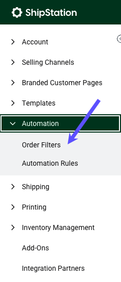 Settings Sidebar: Automation dropdown. Red arrow points to Order Filters option.