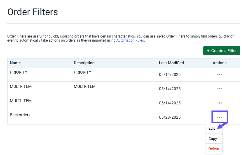 Automation: Order Filters. Box highlights Action menu. Arrow points to Edit button for rule action.