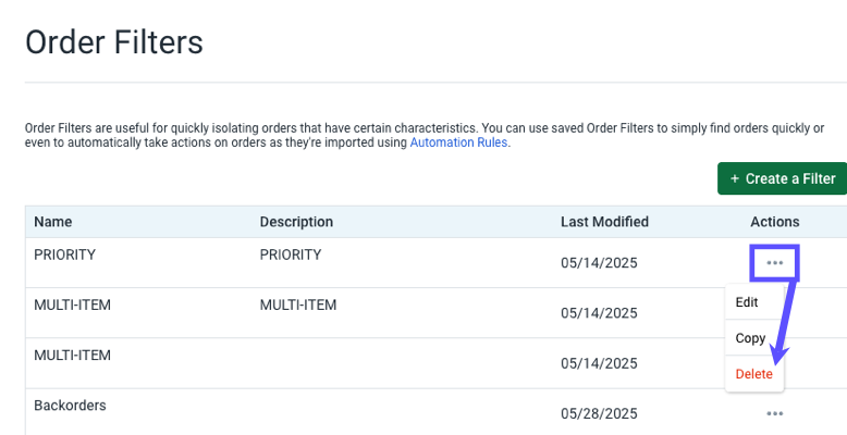 Automation: Order Filters. Arrow points to Delete button for rule action.