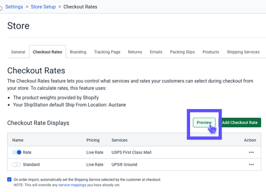 Checkout Rates settings with Preview button highlighted