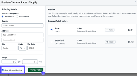 Advanced Checkout Rates Preview. Designate Residential vs Commercial & provide Street Address